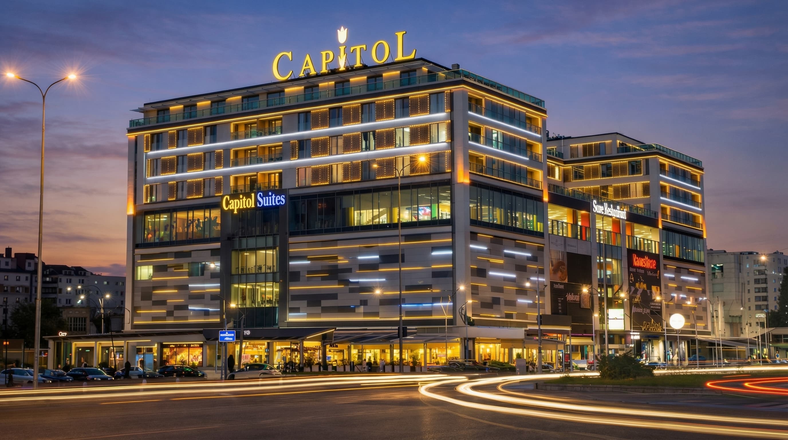 Capitol Mall & Residence with Capitol Suites at dusk