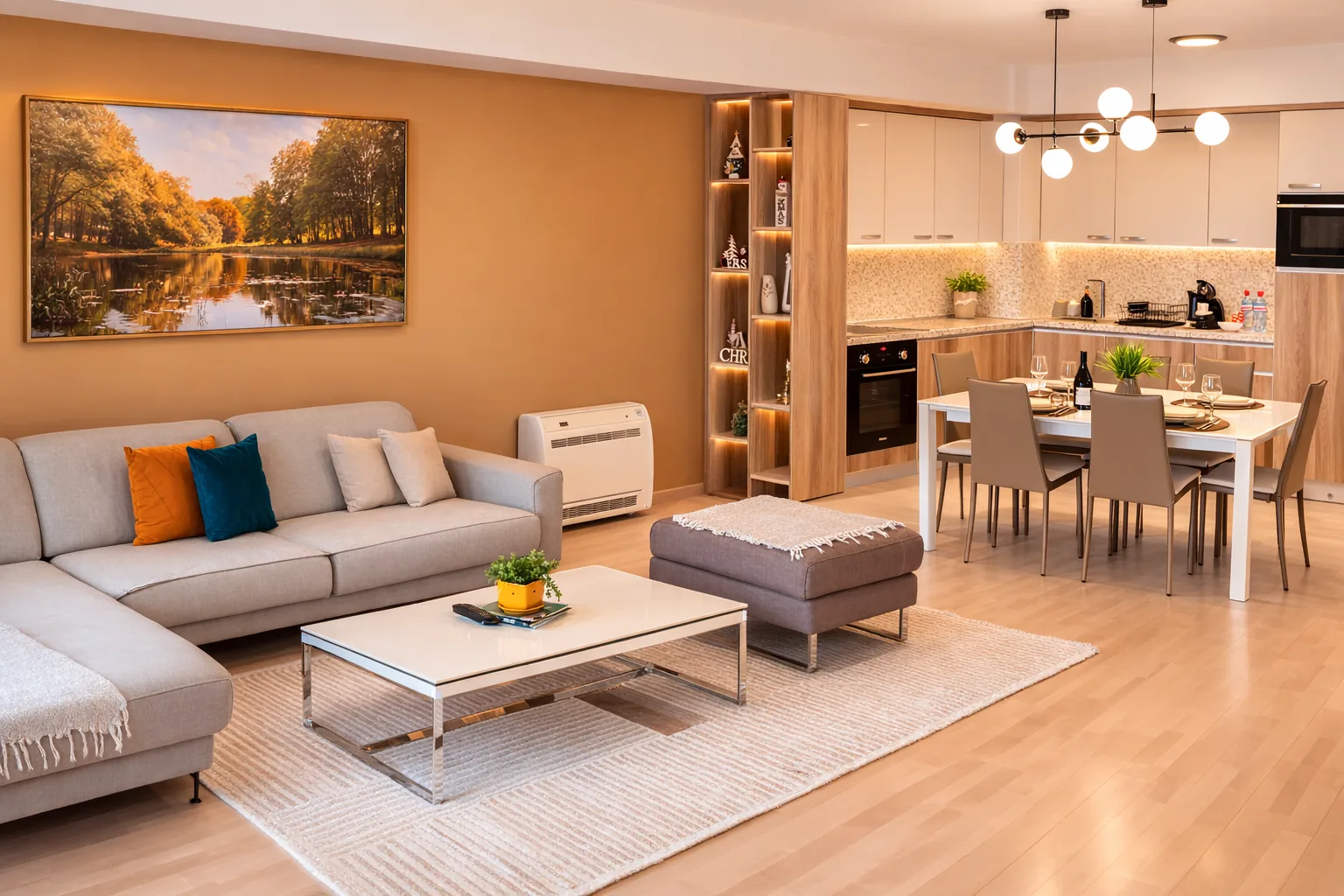 Open living room with kitchen and dining area, one-bedroom suite at Capitol Suites, Skopje