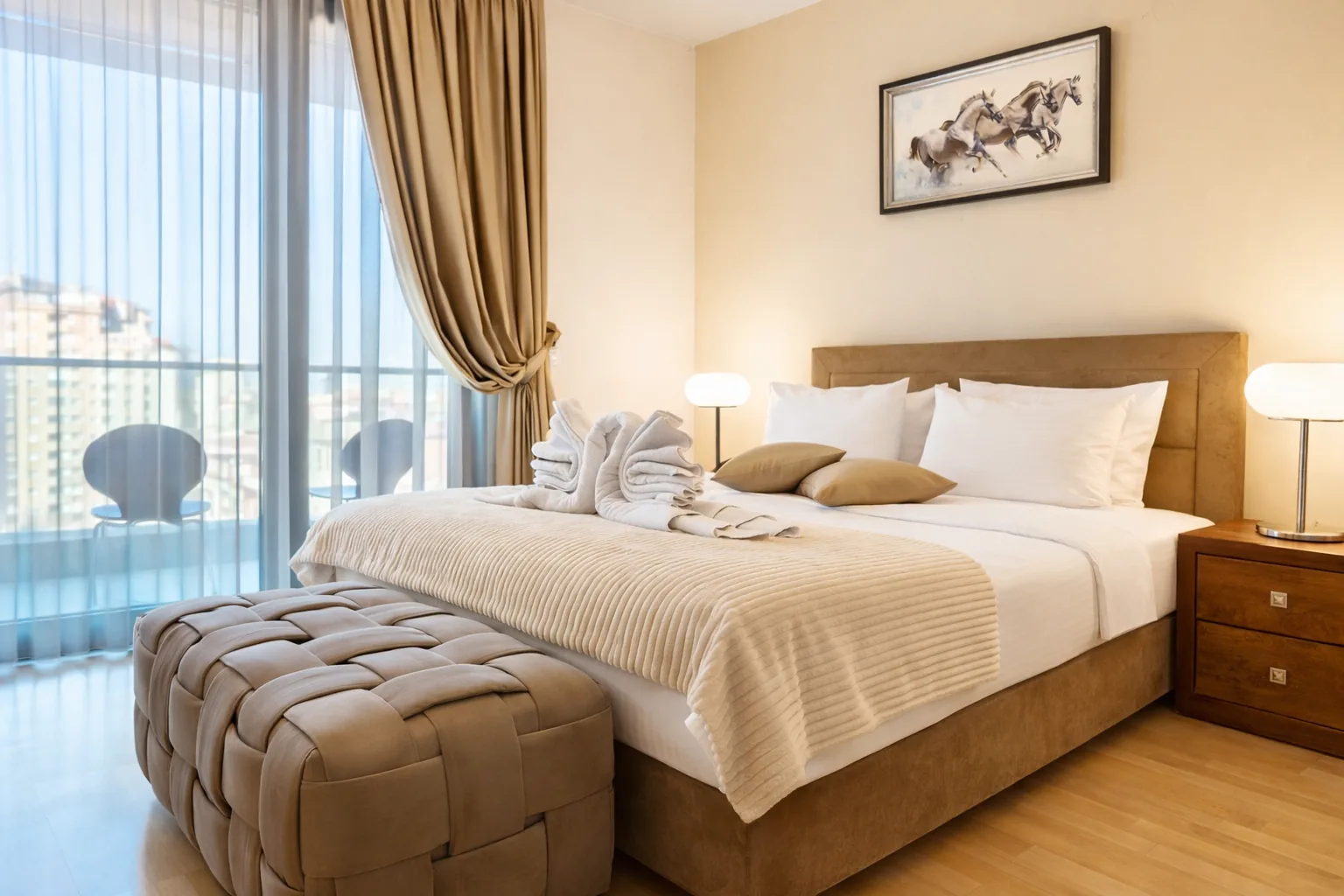Bedroom with king bed, one-bedroom suite at Capitol Suites, Skopje