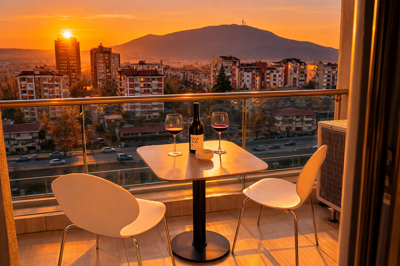 Private terrace with a view over Skopje and Vodno at sunset, one-bedroom suite at Capitol Suites, Skopje